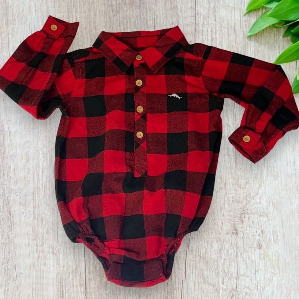 Tommy Bahama Baby Long Sleeve Flannel Bodysuit - 24Mo - Red/Black Plaid - Picture 3 of 9